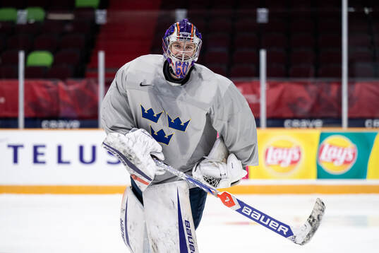 Goaltender Melvin Strahl of Sweden at a practice session