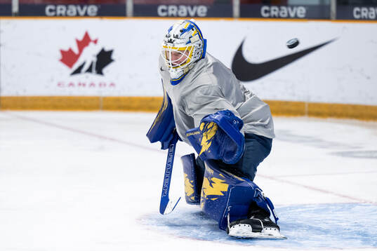 Goaltender Melker Thelin of Sweden at a practice session