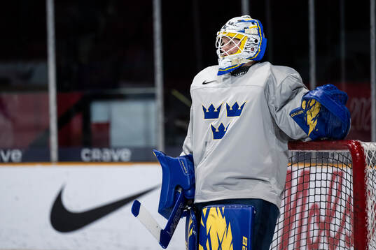 Goaltender Melker Thelin of Sweden at a practice session