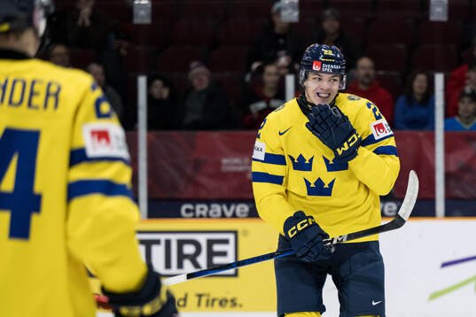 Anton Wahlberg of Sweden celebrates scoring 5-0