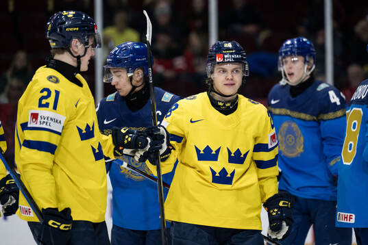Oskar Voullet of Sweden celebrates scoring 7-1