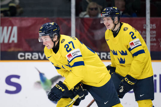 David Granberg of Sweden celebrates scoring 8-1