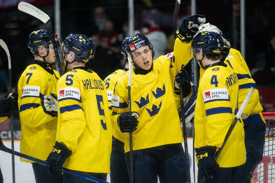 Linus Eriksson of Sweden celebrates with team mates