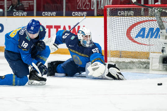 Goaltender Vladimir Nikitin of Kazakhstan