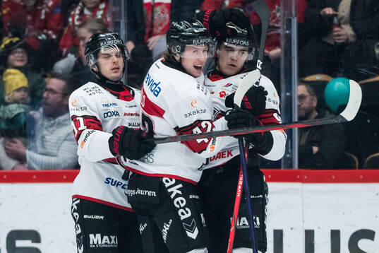 Malmö Redhawks Axel Sundberg jublar med Nikola Pasic och