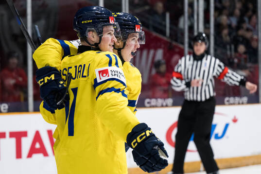Zeb Forsfjäll of Sweden celebrates with Isac Hedqvist