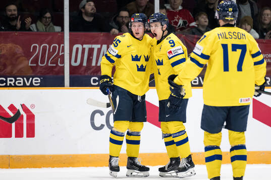 Otto Stenberg of Sweden celebrates with Theo Lindstein