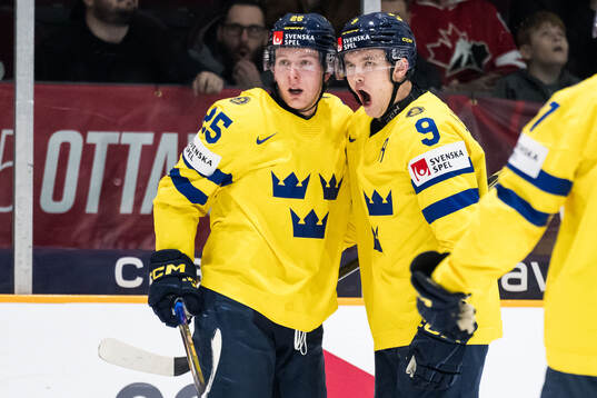 Otto Stenberg of Sweden celebrates with Theo Lindstein