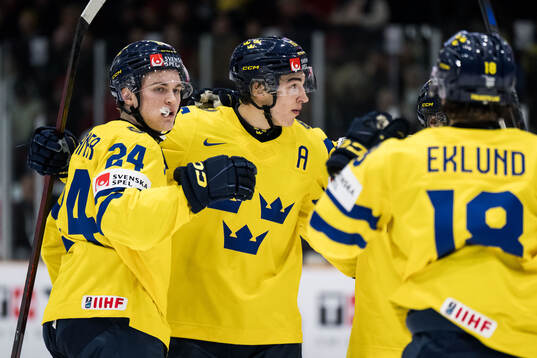 Tom Willander of Sweden celebrates with David Edstrom and