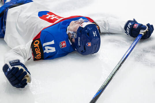 Miroslav Satan of Slovakia lies down due to injury