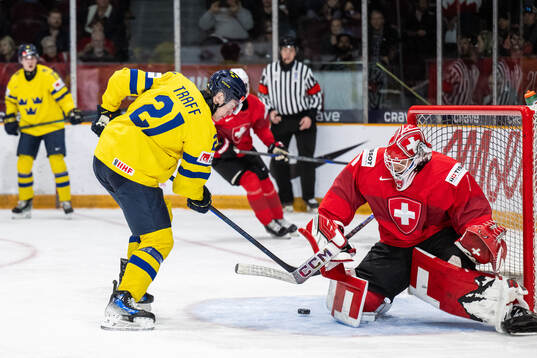 Herman Träff of Sweden and goaltender Christian Kirsch of