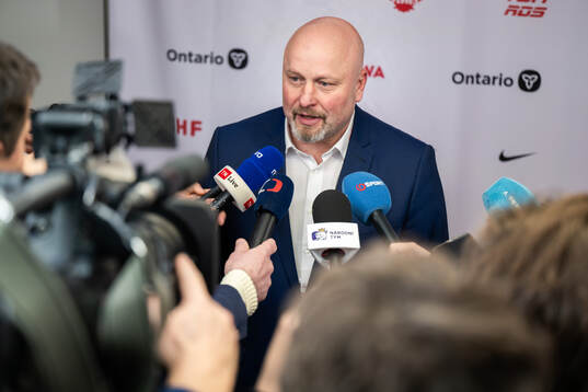 Head coach Patrik Augusta of Czech Republic is interviewed