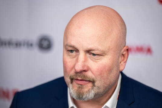 Head coach Patrik Augusta of Czech Republic is interviewed