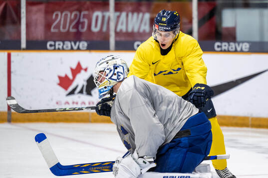 Goaltender Marcus Gidlöf and Felix Unger Sörum of Sweden