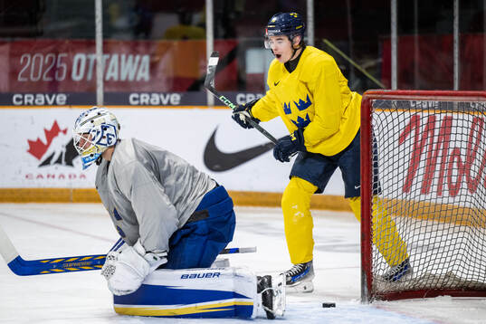 Goaltender Marcus Gidlöf and Felix Unger Sörum of Sweden
