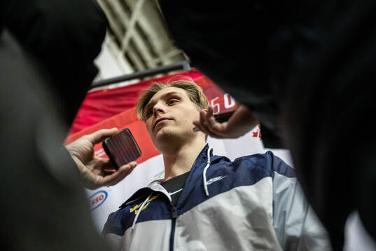 Noel Nordh of Sweden is interviewed at a practice session