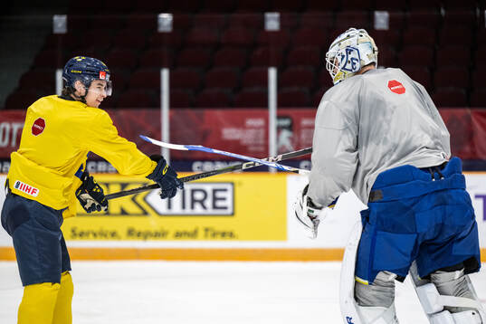 Felix Unger Sörum and goaltender Marcus Gidlöf of Sweden