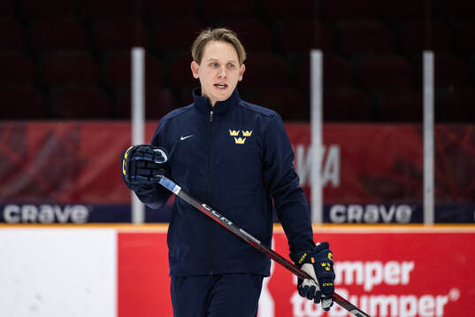 Goaltender coach Viktor Alm of Sweden at a practice session