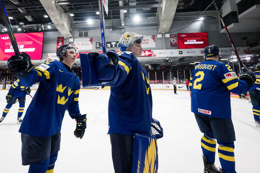 Isac Hedqvist and Goalkeeper Melker Thelin of Sweden