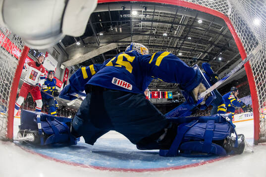 Goaltender Melker Thelin of Sweden