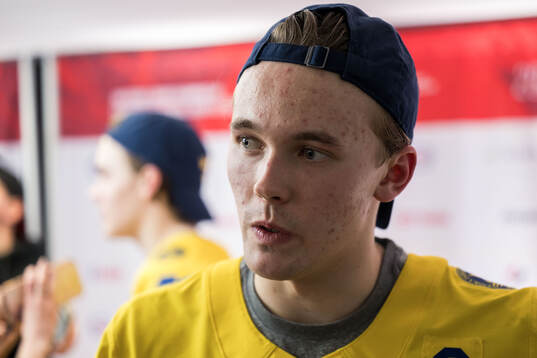 Theo Lindstein of Sweden in mixed zone