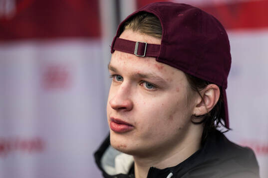 Goaltender Linards Feldbergs of Latvia in mixed zone