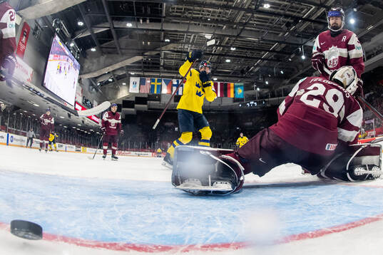 David Edstrom of Sweden celebrates scoring a goal that was