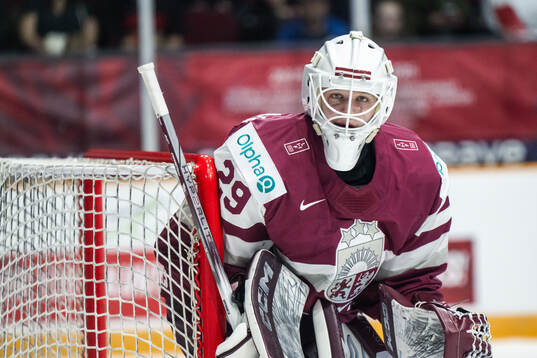 Goaltender Linards Feldbergs of Latvia