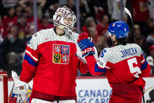 Goaltender Michael Hrabal and Adam Jiricek celebrate