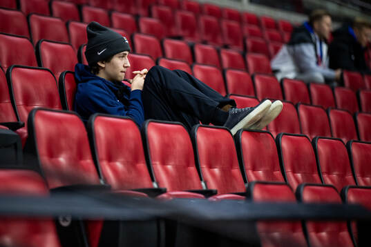 Victor Eklund of Sweden watches a practice session of the