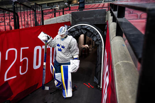 Goaltender Marcus Gidlöf of Sweden at a practice session