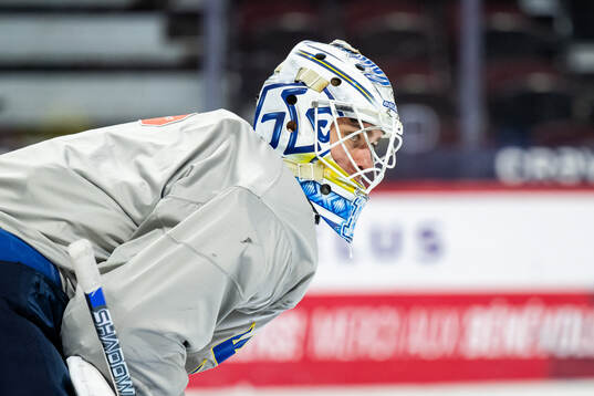 Goaltender Marcus Gidlöf of Sweden at a practice session