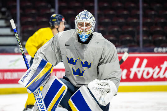 Goaltender Marcus Gidlöf of Sweden at a practice session