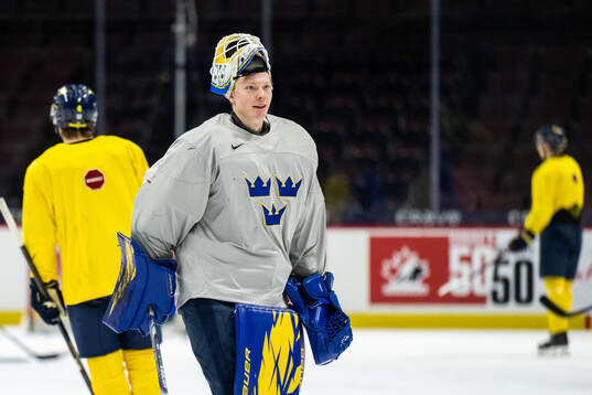 Goaltender Melker Thelin of Sweden at a practice session
