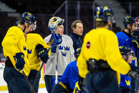 Goaltender Melker Thelin of Sweden at a practice session