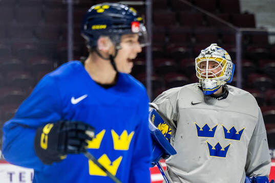 Goaltender Melker Thelin of Sweden at a practice session