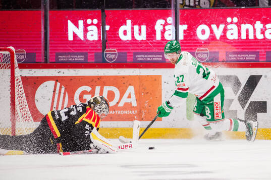 Brynäs målvakt Ludvig Persson och Rögles Linus Sjödin