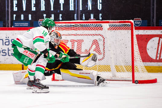 Rögles Dennis Everberg och Brynäs målvakt Ludvig Persson