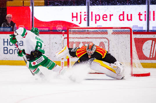 Rögles Linus Sandin och Brynäs målvakt Ludvig Persson i