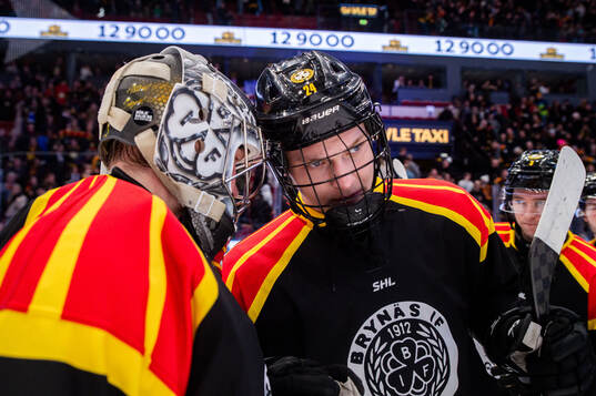 Brynäs målvakt Ludvig Persson och Aron Dahlqvist jublar
