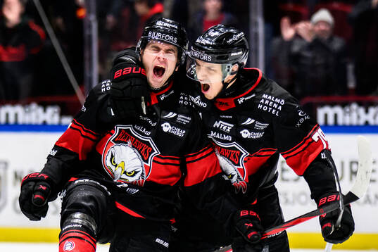 Malmö Redhawks Nikola Pasic och Jakub Galvas  jublar