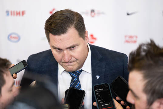 Head coach Lauri Mikkola of Finland is interviewed in the