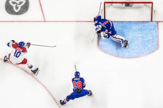 Adam Jecho of Czech Republic with a shot in the crossbar