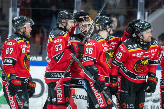 Luleås målvakt Matteus Ward jublar med Albin Lundin