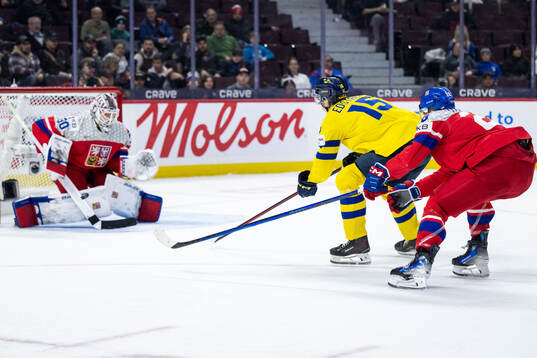 David Edstrom of Sweden scores 2-2 behind goaltender