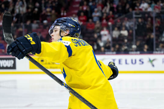 Axel Sandin-Pellikka of Sweden celebrates scoring