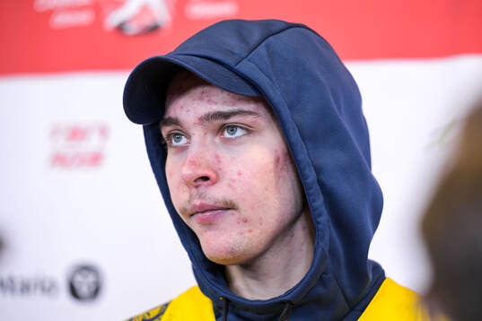 Goaltender Marcus Gidlöf of Sweden being interviewed