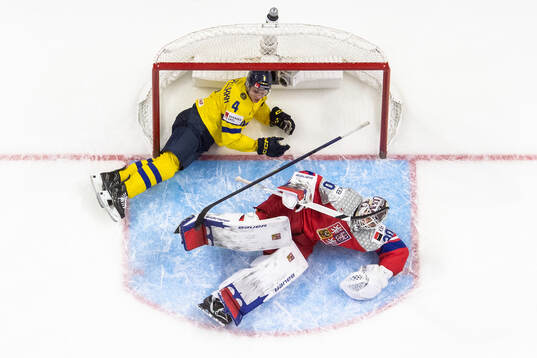 Axel Sandin-Pellikka of Sweden and goaltender Michael