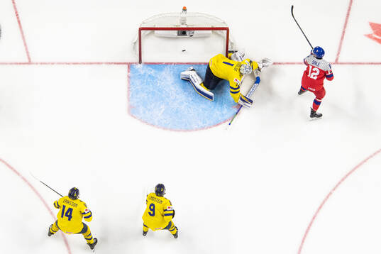 Eduard Sale of Czech Republic scores 1-2 behind goaltender