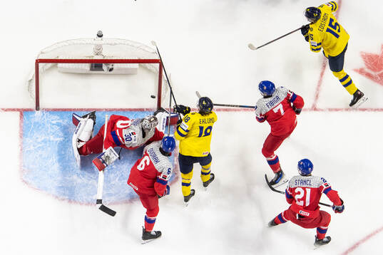 Goaltender Michael Hrabal, Jakub Dvorak, Jakub Fibigr and